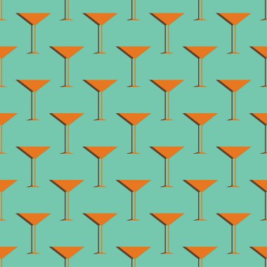 Kokteyl pürüzsüz desen. Martini bardağıyla retro renkli parti geçmişi. Gölgeli ikon martini bardağı. Ambalaj kağıdı, duvar kağıdı ve ambalaj kağıdına basmak için klasik tasarım. Vektör illüstrasyonu