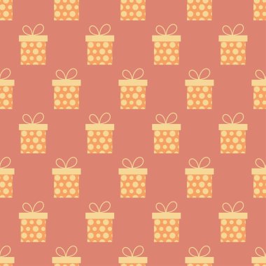 Hediye kutusu kusursuz desen. Alış veriş konsepti. Eski moda renk paletinde sunulan Noel desenleri. Ambalaj kağıdı, duvar kağıdı, kumaş üzerine baskı için şirin bir tasarım. Düz tasarımda vektör illüstrasyonu