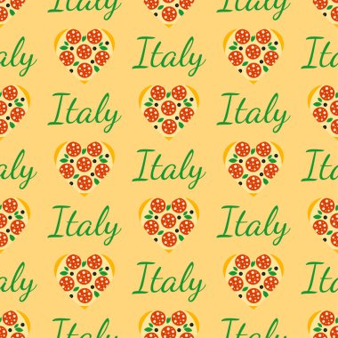 İtalya kusursuz desenleri sever. Kalp şeklinde pizza. Bağımsızlık Günü için İtalyan geçmişi, ulusal gün. Vatansever tasarım ambalaj kağıdı, duvar kağıdı, kumaş üzerine baskı için. Vektör illüstrasyonu