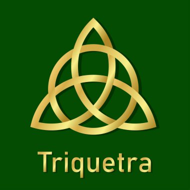 Triquetra ikonu. Yeşil arkaplanda izole edilmiş Kelt düğümü işareti. Gradyan altın renginde ikon folyo. İskandinav koruyucu tılsımı. İskandinav dövmeli pankart. Vektör illüstrasyonu