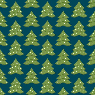 Noel ağaçları kusursuz desenli. Mavi arka planda yeşil noel ağaçları. Mutlu yıllar konsepti. Kış dönemi. Ambalaj kağıdı, kumaş ve ambalaj kağıdına basmak için özel tasarım. Vektör illüstrasyonu