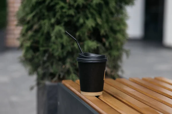 Black Paper Cup Coffee Lid Stands Park Bench Summer Day — Stockfoto