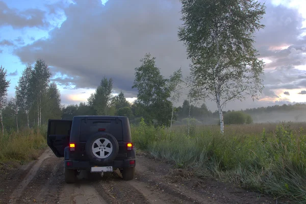 Jeep wrangler en el bosque, región de Novgorod, Rusia —  Fotos de Stock