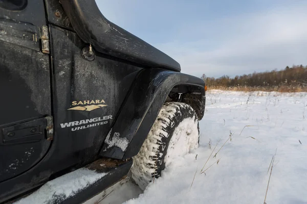 Gebiet Leningrad Russland Dezember 2021 Jeep Wrangler Tiefschnee Stockbild