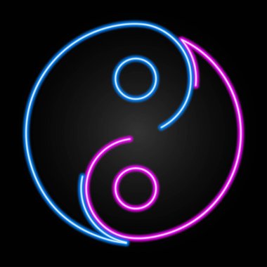 Yin yang neon işareti, modern parlayan pankart tasarımı, renkli modern tasarım eğilimi siyah arka planda. Vektör illüstrasyonu.