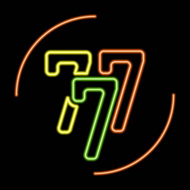 777 neon tabela, modern parlayan pankart tasarımı, renkli modern tasarım eğilimi siyah arka planda. Vektör illüstrasyonu.