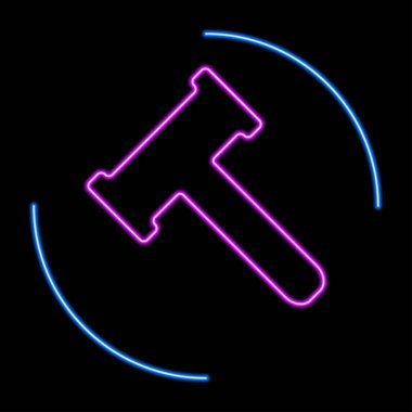 Çekiç neon levhası, modern parlayan pankart tasarımı, renkli modern tasarım eğilimi siyah arka planda. Vektör illüstrasyonu.