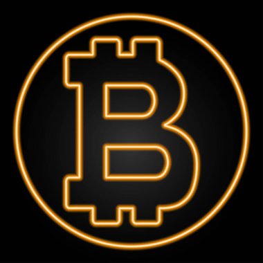 Bitcoin neon levhası, modern parlayan pankart tasarımı, renkli modern tasarım eğilimi siyah arka planda. Vektör illüstrasyonu.