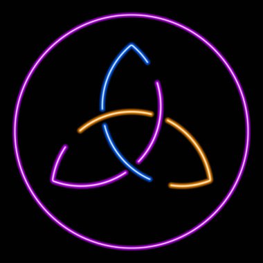 Celtic Triquetra düğümlü neon işareti, modern parlayan pankart tasarımı, siyah arkaplanda renkli modern tasarım eğilimi. Vektör illüstrasyonu.