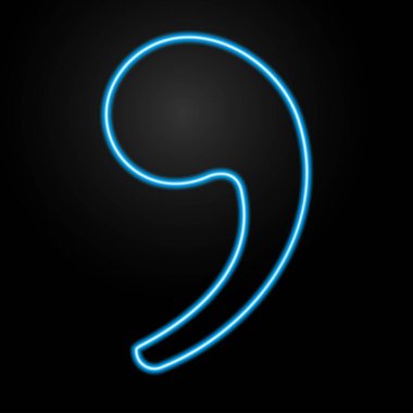 Virgül neon işareti, modern parlayan pankart tasarımı, renkli modern tasarım eğilimi siyah arka planda. Vektör illüstrasyonu.