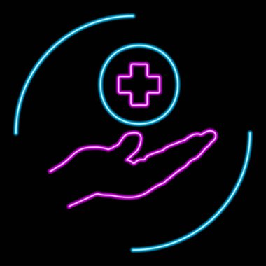 Tıbbi çapraz neon tabela, modern parlayan pankart tasarımı, siyah arka planda renkli modern tasarım eğilimi. Vektör illüstrasyonu.