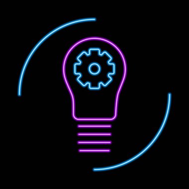 Ampul fikri neon ışığı, modern parlayan pankart tasarımı, renkli modern tasarım eğilimi siyah arka planda. Vektör illüstrasyonu.