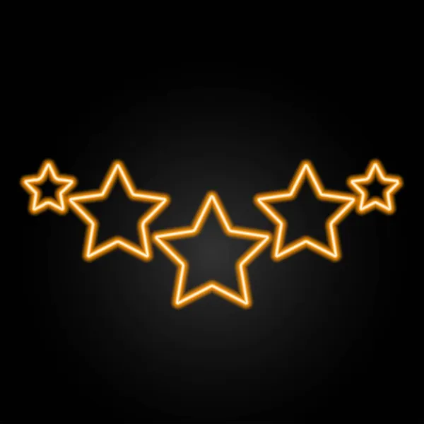 Beş yıldızlı neon tabela, modern parlayan pankart tasarımı, siyah arkaplanda renkli modern tasarım eğilimi. Vektör illüstrasyonu.