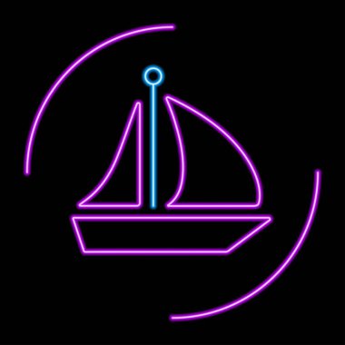 Gemi neon levhası, modern parlayan pankart tasarımı, renkli modern tasarım eğilimi siyah arka planda. Vektör illüstrasyonu.