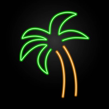 Palmiye ağacı neon tabelası, modern parlayan pankart tasarımı, renkli modern tasarım eğilimi siyah arka planda. Vektör illüstrasyonu.