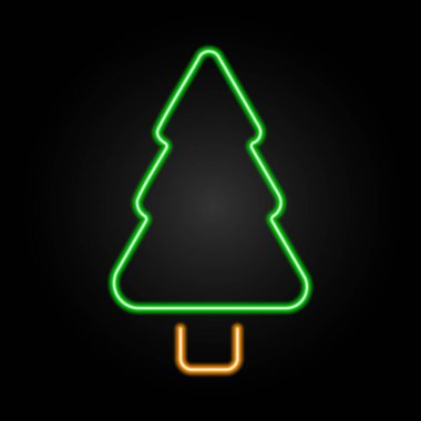 Ağaç neon levhası, modern parlayan pankart tasarımı, renkli modern tasarım eğilimi siyah arka planda. Vektör illüstrasyonu.