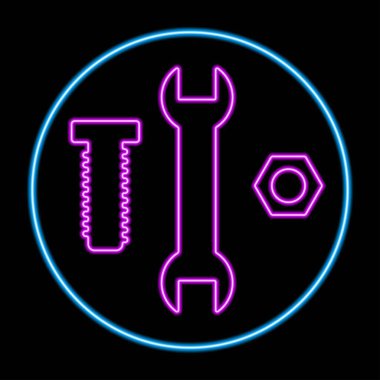 İngiliz anahtarı neon levhası, modern parlayan pankart tasarımı, renkli modern tasarım trendi. Vektör illüstrasyonu.