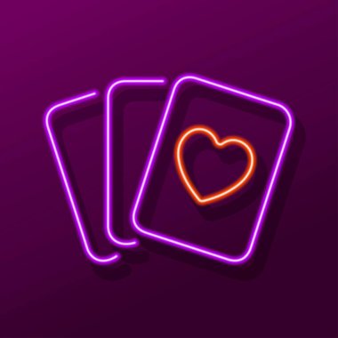 Oyun kartları neon ışığı, modern parlayan pankart tasarımı, renkli modern tasarım eğilimi. Vektör illüstrasyonu.