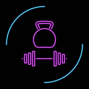 Kettlebell ve dambıl neon işareti, modern parlayan pankart tasarımı, renkli modern tasarım trendleri. Vektör illüstrasyonu.