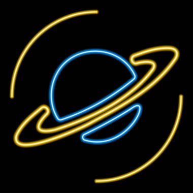 Satürn neon işareti, modern parlayan pankart tasarımı, renkli modern tasarım trendleri. Vektör illüstrasyonu.