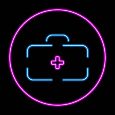 Tıbbi bavul neon levhası, modern parlayan pankart tasarımı, renkli modern tasarım trendi. Vektör illüstrasyonu.