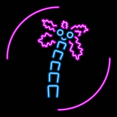 Palmiye ağacı neon tabelası, modern parlayan pankart tasarımı, renkli modern tasarım eğilimleri siyah arka planda. Vektör illüstrasyonu.