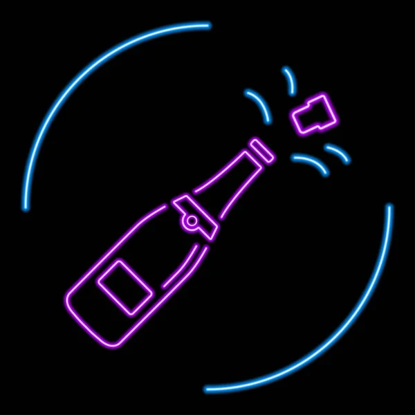 Şampanya şişesi tabelası, modern parlayan pankart tasarımı, renkli modern tasarım trendleri siyah arka planda. Vektör illüstrasyonu.