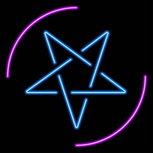 pentagram neon sign, modern glowing banner design, colorful modern design trends. Vector illustration.