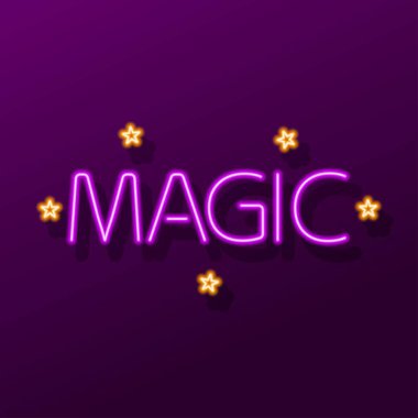 Sihirli metin neon işareti, modern parlayan pankart tasarımı, renkli modern tasarım trendleri. Vektör illüstrasyonu.