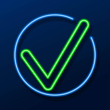 check mark neon sign, modern glowing banner design, colorful modern design trends. Vector illustration.
