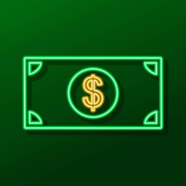 Dolar neon işareti, modern parlayan pankart tasarımı, renkli modern tasarım trendleri. Vektör illüstrasyonu.