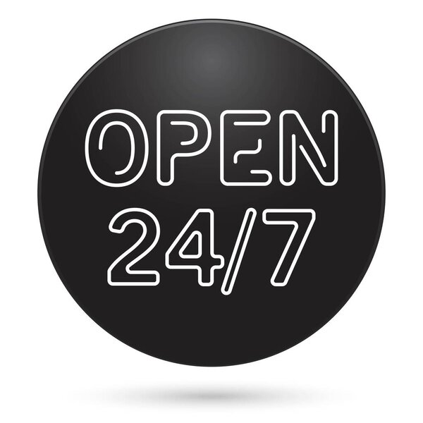 open 24 icon, black circle button, vector illustration.