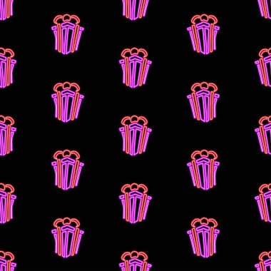 Gift box seamless pattern, bright vector illustration on black background, vector illustration.