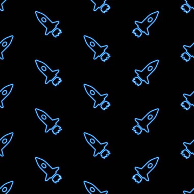 Rocket seamless pattern, bright vector illustration on black background, vector illustration.