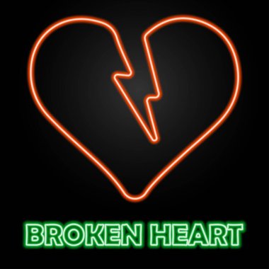 Kırık kalp neon levhası, modern parlayan pankart tasarımı, renkli modern tasarım trendleri siyah arka planda. Vektör illüstrasyonu.