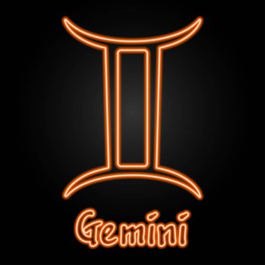 Gemini neon ışığı, modern parlayan pankart tasarımı, renkli modern tasarım trendleri siyah arka planda. Vektör illüstrasyonu.