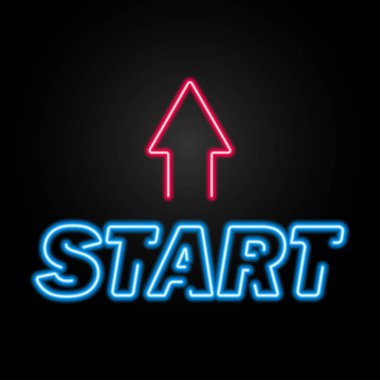 metin neon işaretini başlat, modern parlayan pankart tasarımı, renkli modern tasarım trendleri siyah arkaplanda. Vektör illüstrasyonu.