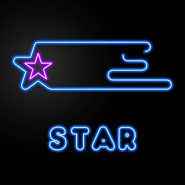Yıldız uçuşan neon, modern parlayan pankart tasarımı, renkli modern tasarım trendleri siyah arka planda. Vektör illüstrasyonu.