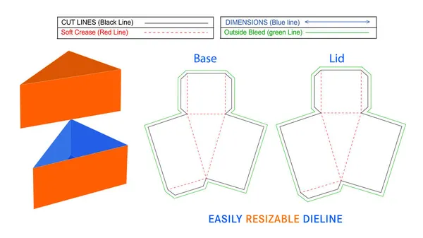 Üçgen Kek Kutusu Paketleme, Doğum günü pastası dilimi dizin şablonu ve 3D görüntüleme, yeniden boyutlandırılabilir ve düzenlenebilir vektör dosyası