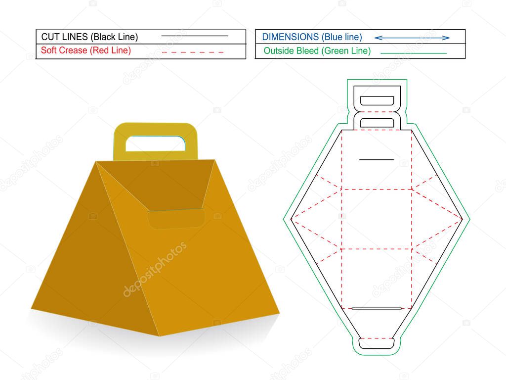 Trinagle food box with handle for buttole, mug, cosmetic editable dieline template and 3D box