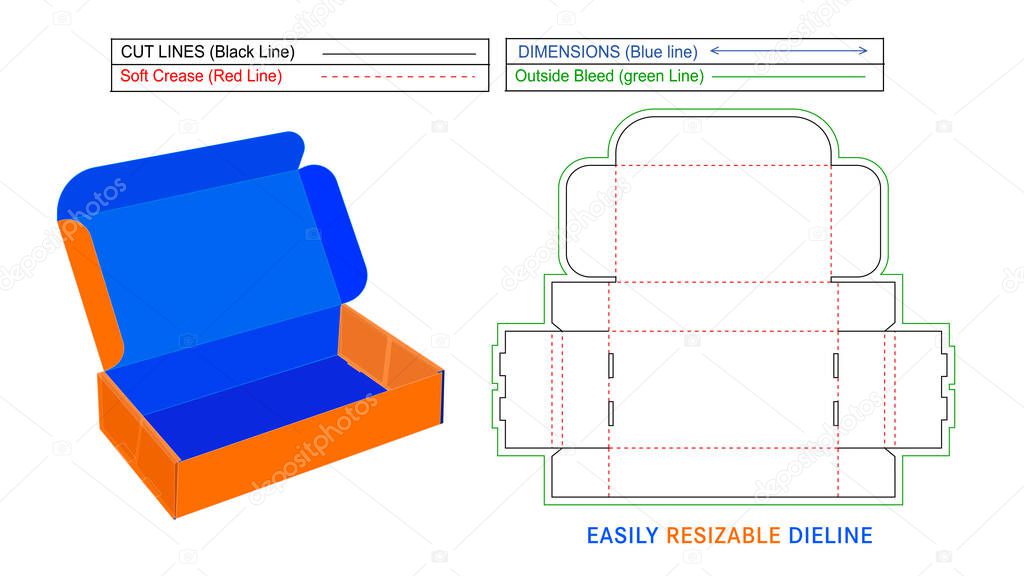 Resizable mailer shipping box, roll end front tuck box dieline and 3D render