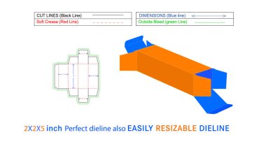 Özel Düz Kenarlı Kutu Ambalajı 2x2x5 inç Dieline şablonu ve 3B vektör dosyası