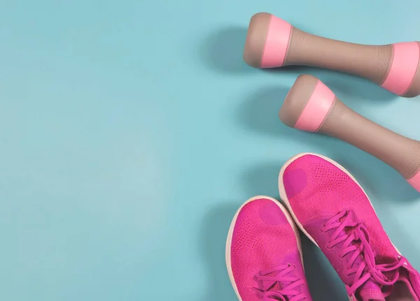 Vista Superior Plano Zapatillas Deporte Color Rosa Zapatos Deportivos Mancuernas — Foto de Stock