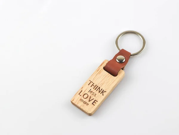 Close Image Wooden Keyring Word Think Less Love More White — Stock Photo, Image