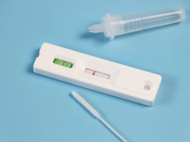 Covid-19 negatif test sonuçlarının mavi arkaplan üzerindeki antijen test kitini (ATK) kopyalama alanı ile kapat.