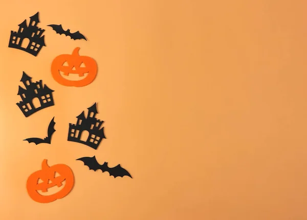 Decorazioni Top View Halloween Zucche Halloween Castelli Pipistrelli Sfondo Arancione — Foto Stock