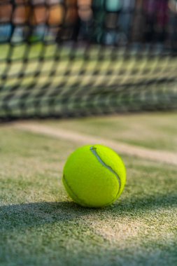 Sahada raket tenis topu, arka planda ağ ve metin için fotokopi alanı olan güzel güneş ışığı..
