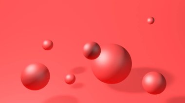 Düşen üç boyutlu toplarla soyut Noel kırmızı arka planı. Dinamik renkli kabarcıklar. Metin için kopyalama alanı olan modaya uygun modern pankart veya poster tasarımı.