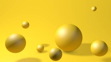 Düşen üç boyutlu toplarla soyut sarı arkaplan. Dinamik renkli kabarcıklar. Metin için kopyalama alanı olan modaya uygun modern pankart veya poster tasarımı.