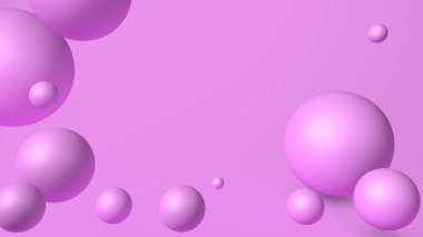 Düşen üç boyutlu toplarla soyut pembe arka plan. Dinamik renkli kabarcıklar. Metin için kopyalama alanı olan modaya uygun modern pankart veya poster tasarımı.